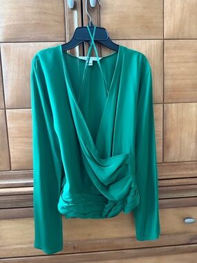 Diane Von Furstenberg Green Draped V-Neck Long-Sleeve Top